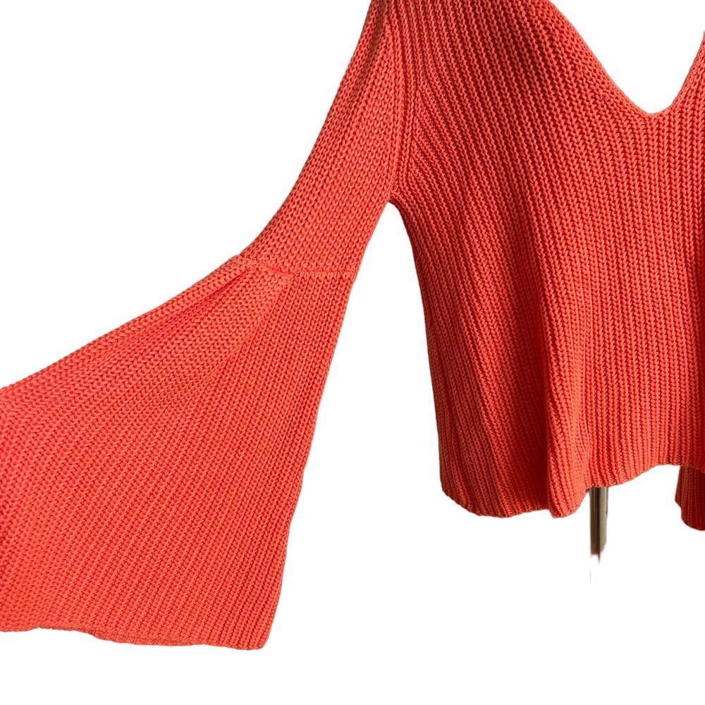 Free People Damsel Cable Knit Pullover V-Neck Sweater in Coral - Picture 4 of 9